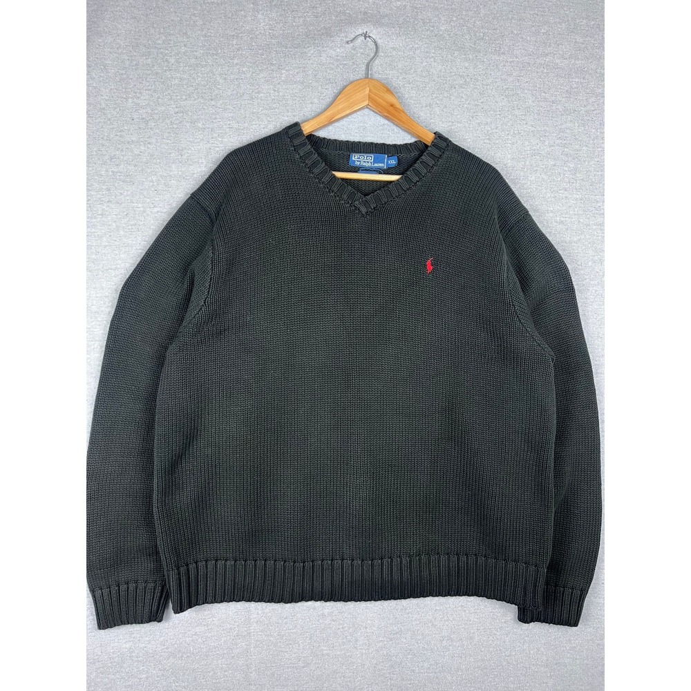 Polo Ralph Lauren Mens XXL Black V-Neck Cotton Knit Sweater Red Pony Logo